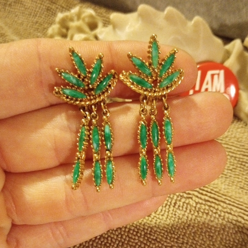 Celebrity Green And Gold Clip On Earrings